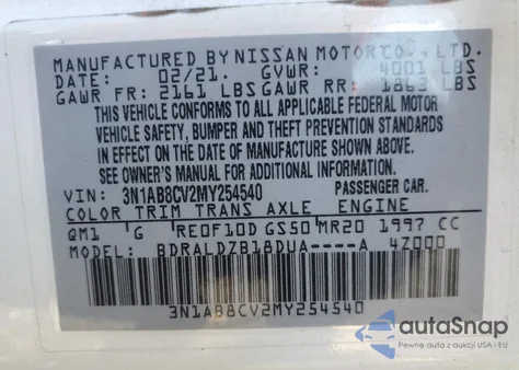 2021 Nissan Sentra Sv z USA, uszkodzony, nr VIN 3N1AB8CV2MY254540